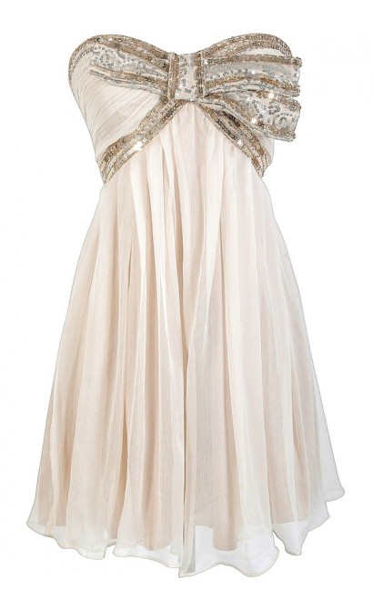 Cream and Gold Sequin Bow Chiffon Designer Dress by Minuet